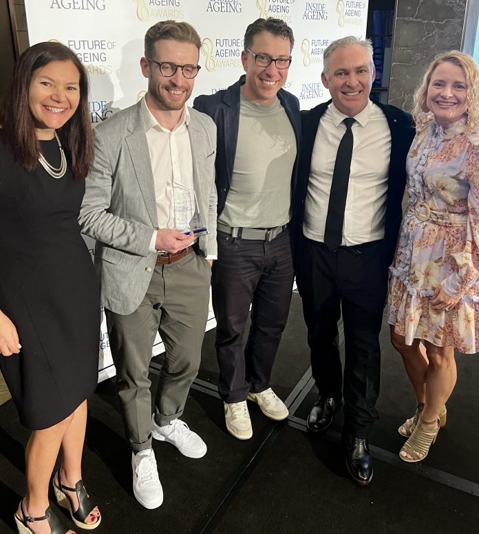 (l-r) The Mirus Australia team with 2023 award winner Marleen Galligan from Care Friends. Future of Ageing Awards presentation, Sydney, August 2024.